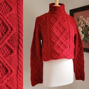 90s Red Wool Chunky Cable Knit Turtleneck 1990s Monochrome Vintage Sweater